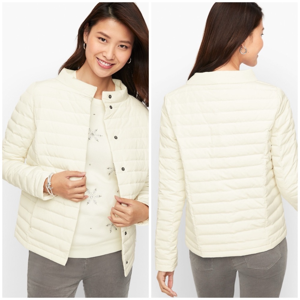 Talbots minimalist puffer Jacket, boxy cut, down filled lightweight ivory,size L